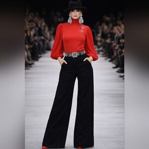 Red Pleated Sleeve Turtleneck Blouse Rhinestone S